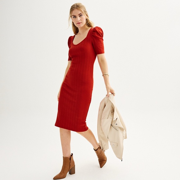 Nine West Burnt Orange Body Con Midi Puff Sleeves Minimalist Preppy Chic‎ Size M - Picture 1 of 12